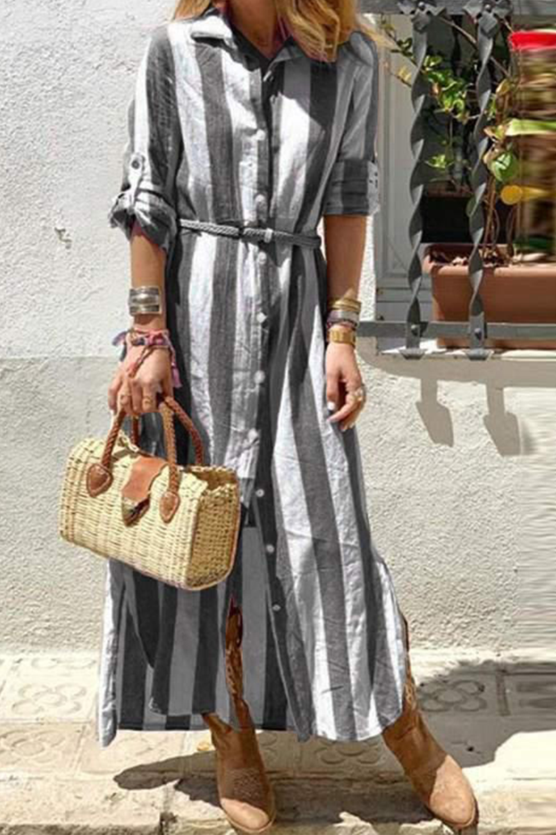 Street Striped Patchwork Turndown Collar Shirt Dress Dresses - Fashionpara