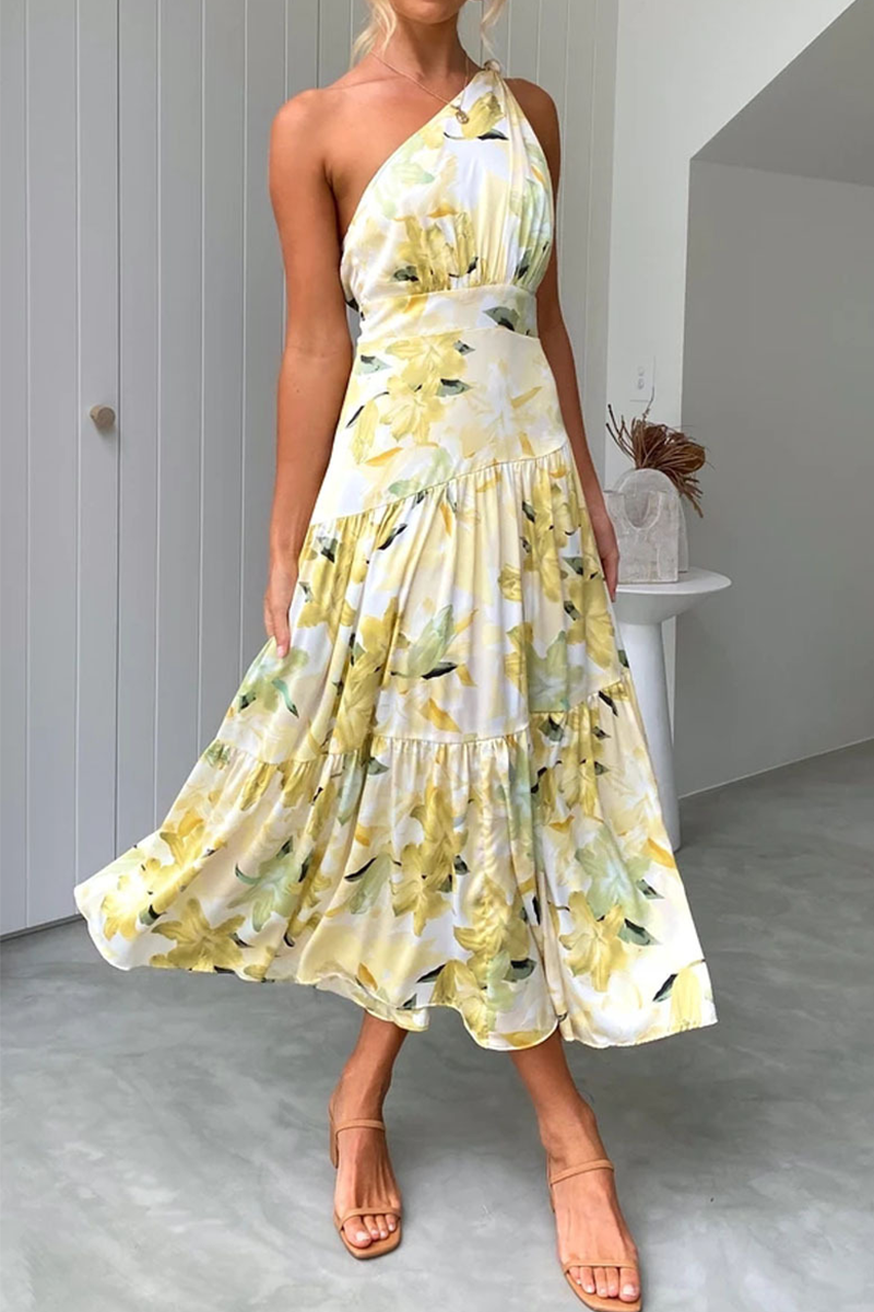 Casual Print Split Joint One Shoulder Cake Skirt Dresses - Fashionpara