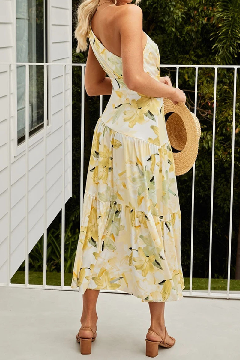 Casual Print Split Joint One Shoulder Cake Skirt Dresses - Fashionpara