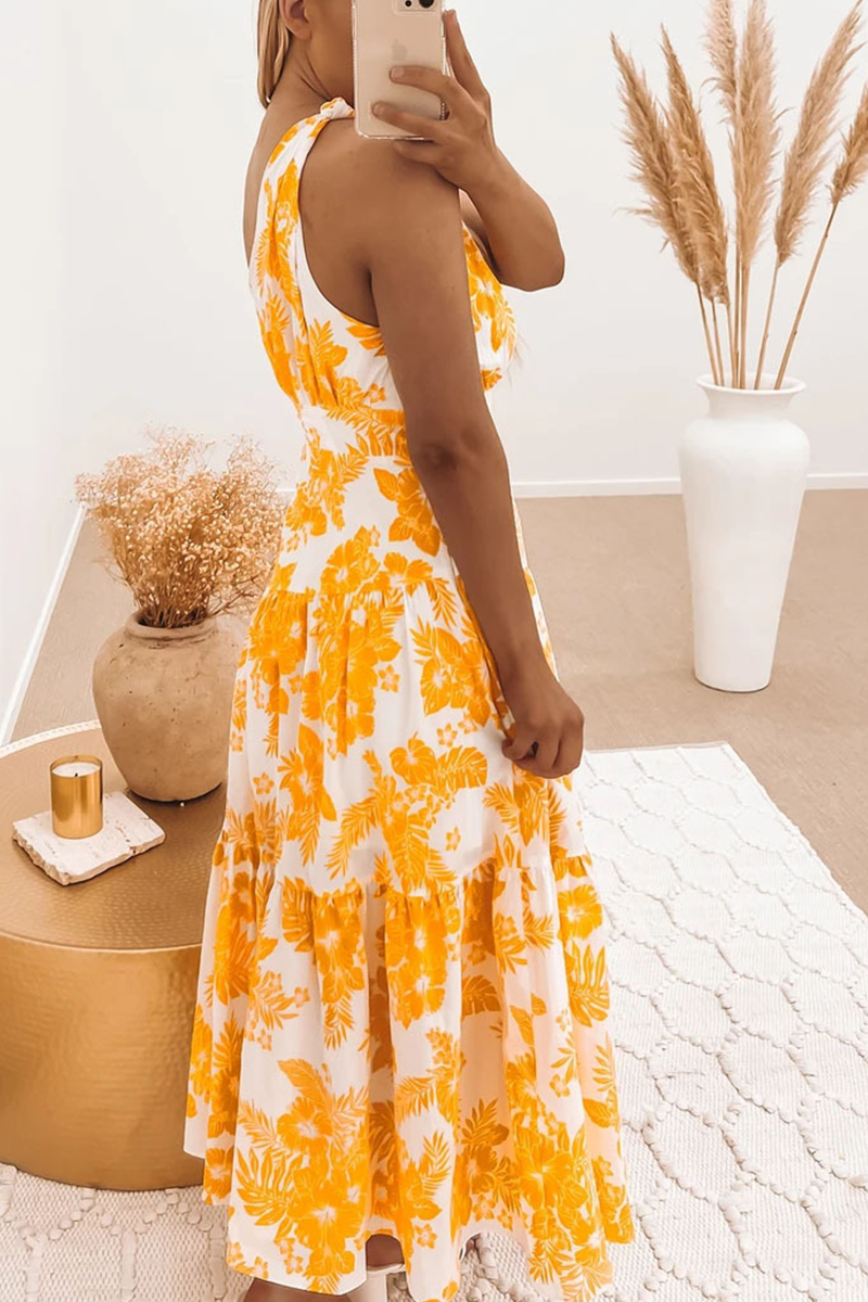 Casual Print Split Joint One Shoulder Cake Skirt Dresses - Fashionpara