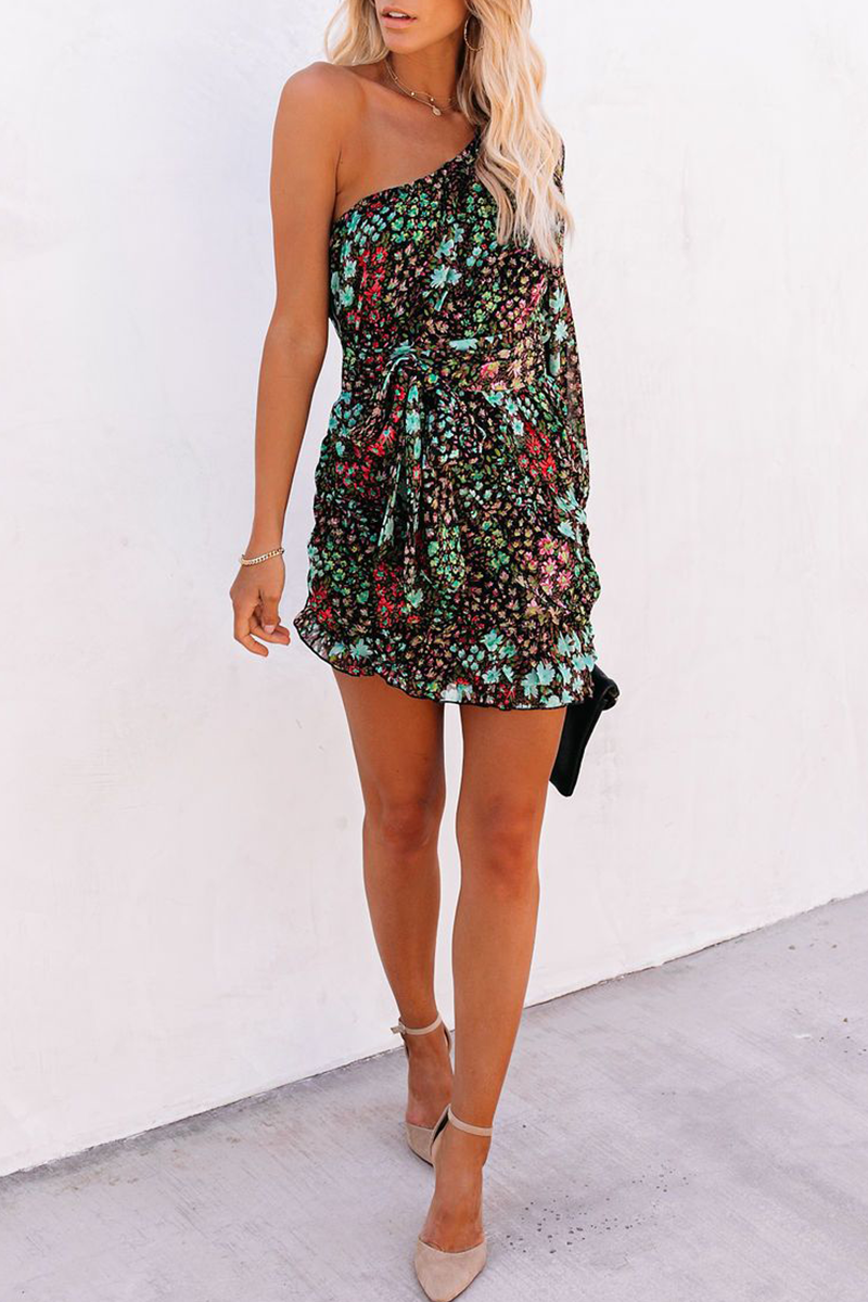 Casual Print Patchwork One Shoulder Waist Skirt Dresses - Fashionpara