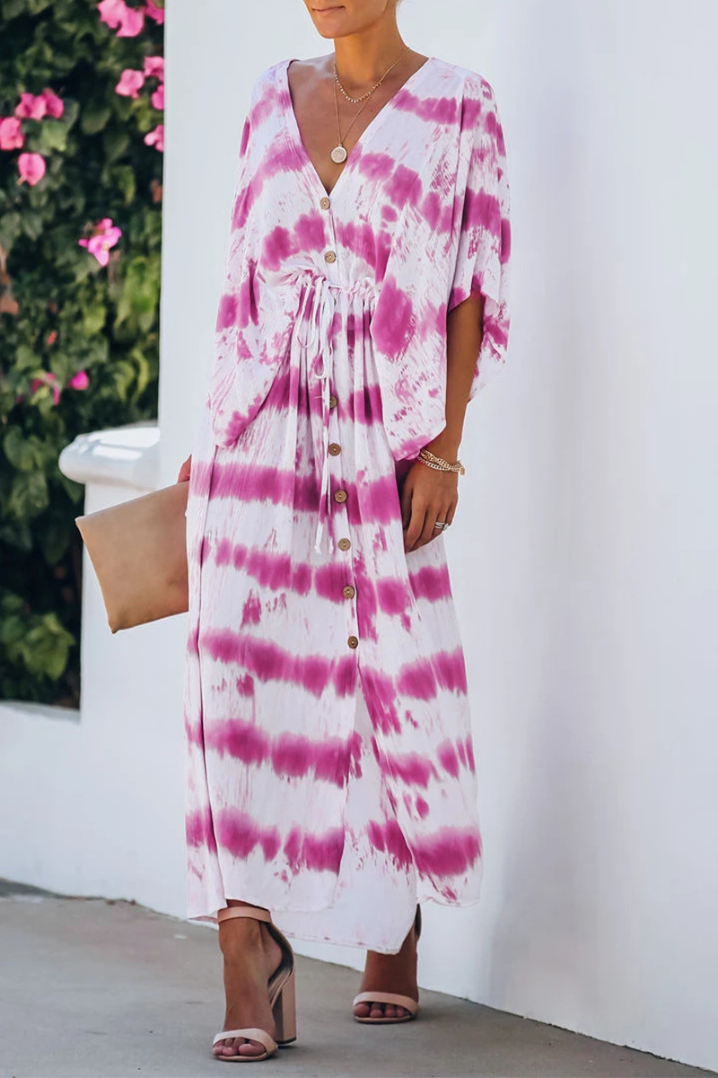 Casual Print Split Joint V Neck Waist Skirt Dresses - Fashionpara