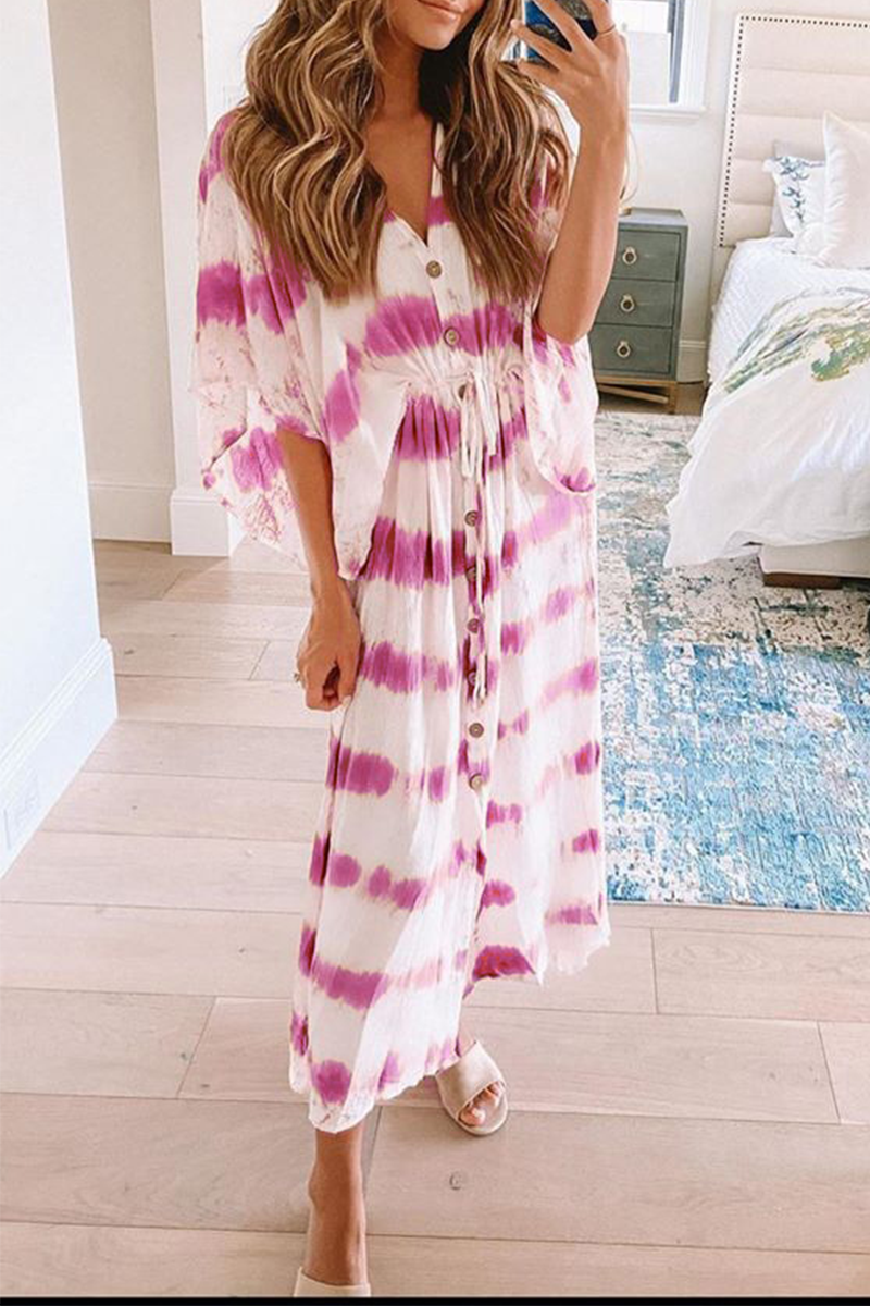 Casual Print Split Joint V Neck Waist Skirt Dresses - Fashionpara