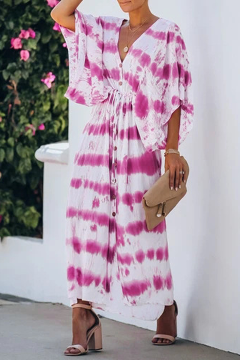 Casual Print Split Joint V Neck Waist Skirt Dresses - Fashionpara