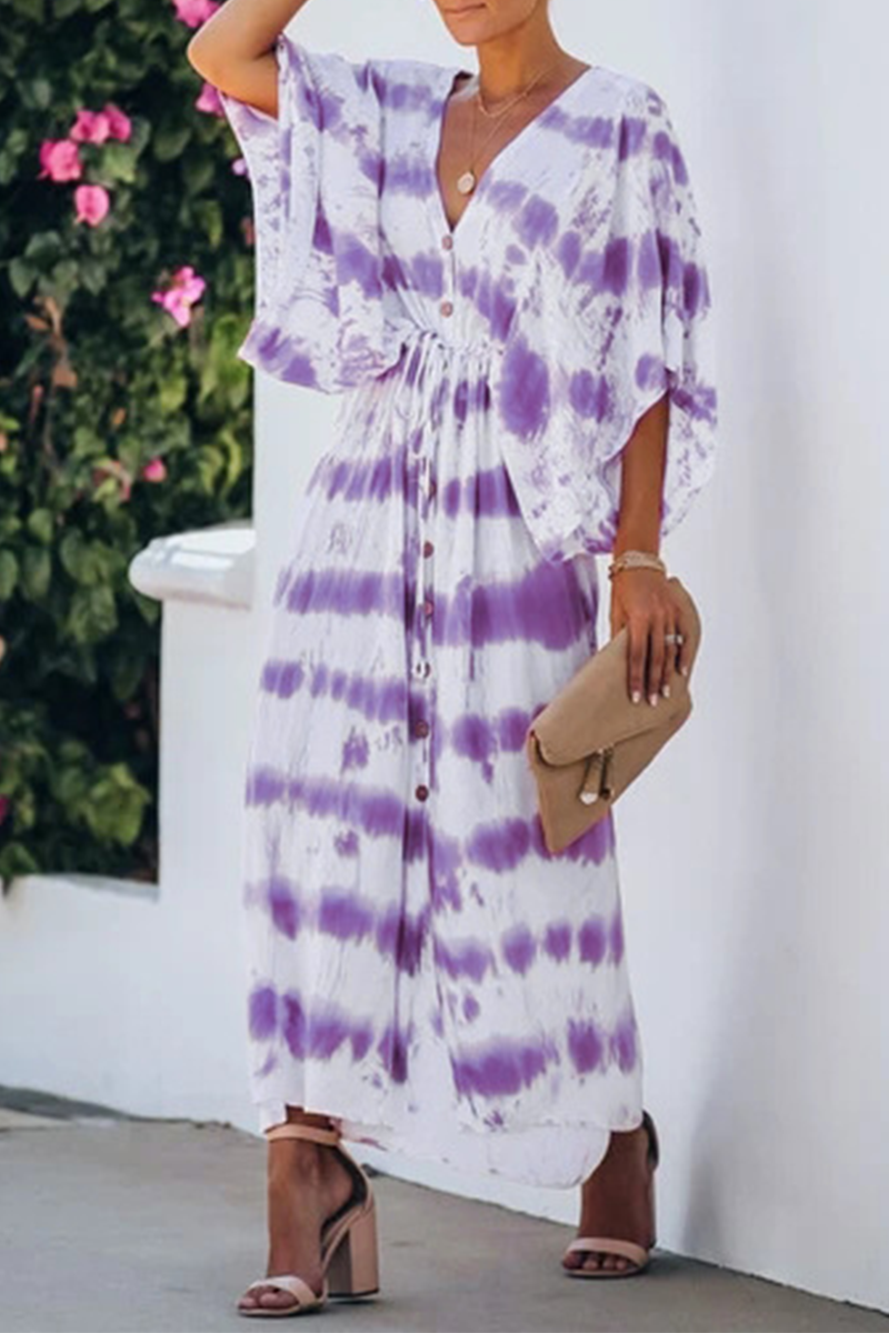 Casual Print Split Joint V Neck Waist Skirt Dresses - Fashionpara