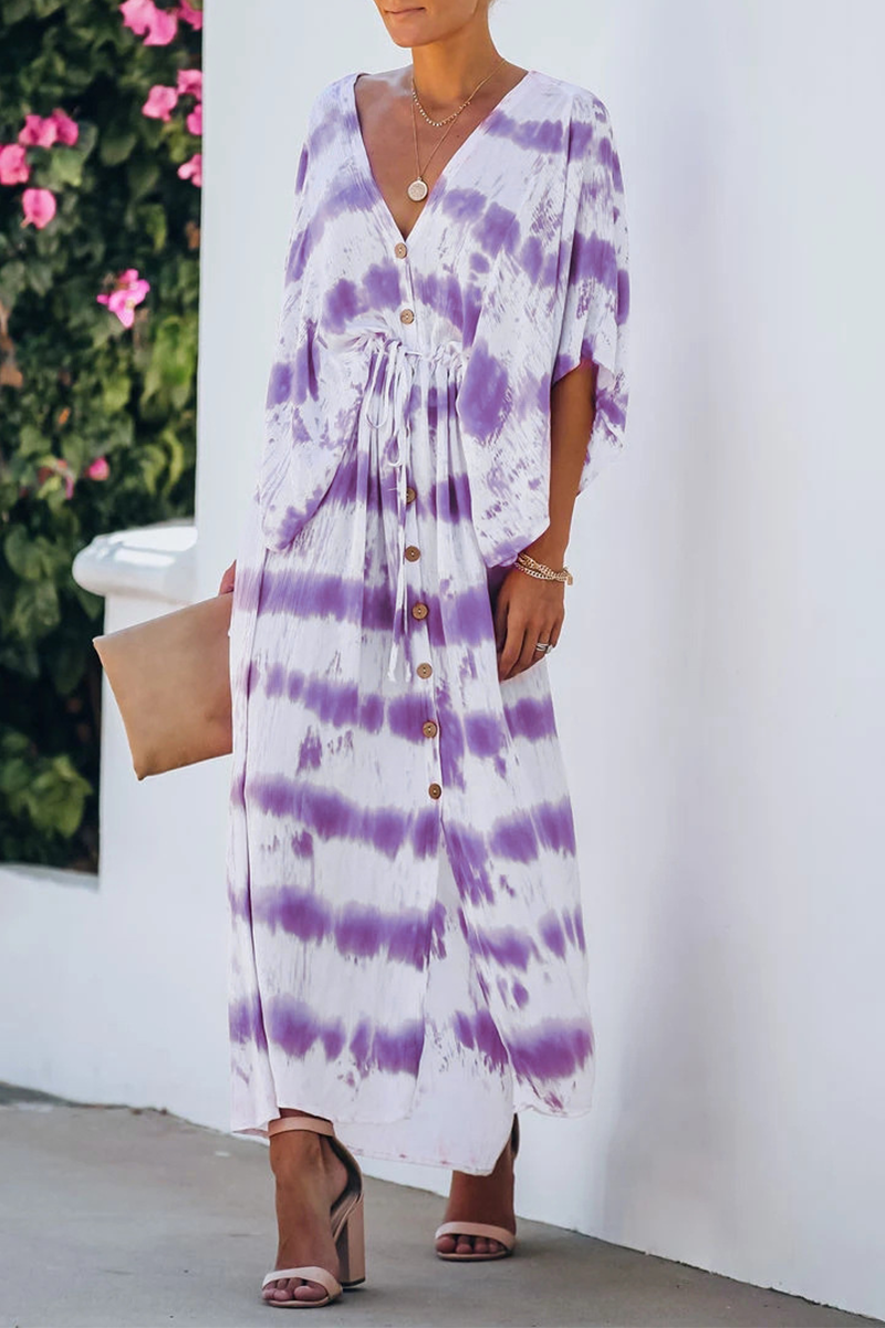 Casual Print Split Joint V Neck Waist Skirt Dresses - Fashionpara