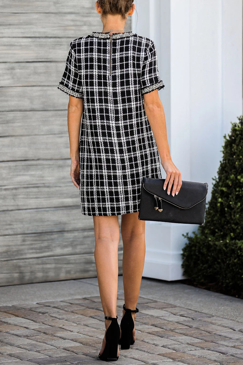 Casual Plaid Split Joint O Neck Straight Dresses - Fashionpara