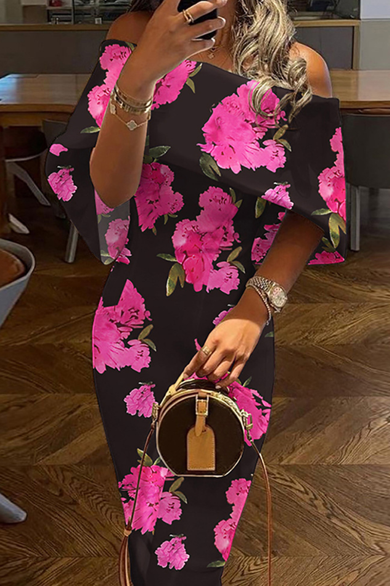 Casual Print Patchwork Off the Shoulder Pencil Skirt Dresses(7 Colors) - Fashionpara