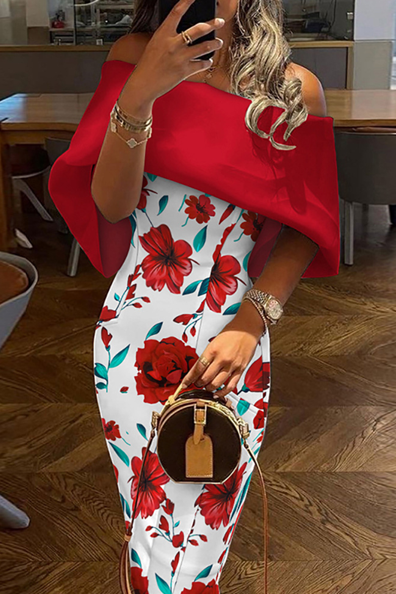 Casual Print Patchwork Off the Shoulder Pencil Skirt Dresses(7 Colors) - Fashionpara