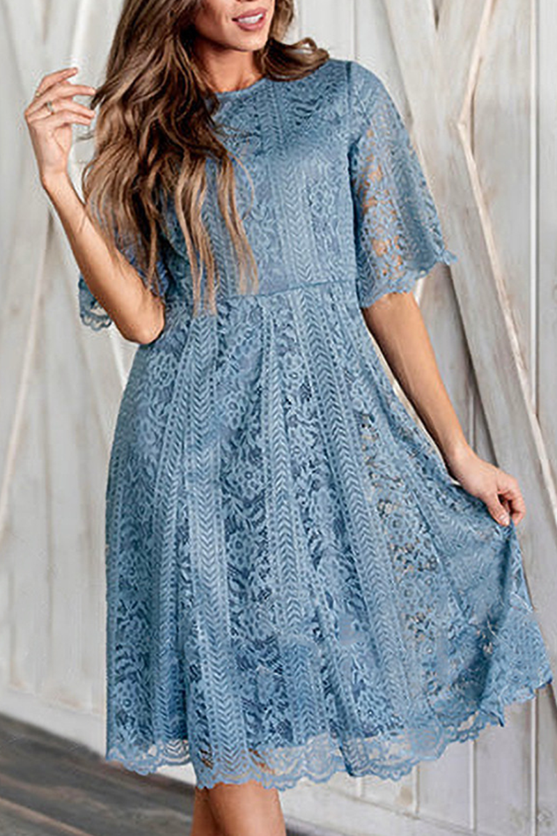 Casual Solid Lace O Neck Cake Skirt Dresses(3 colors) - Fashionpara