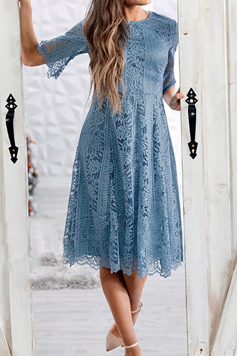 Casual Solid Lace O Neck Cake Skirt Dresses(3 colors) - Fashionpara