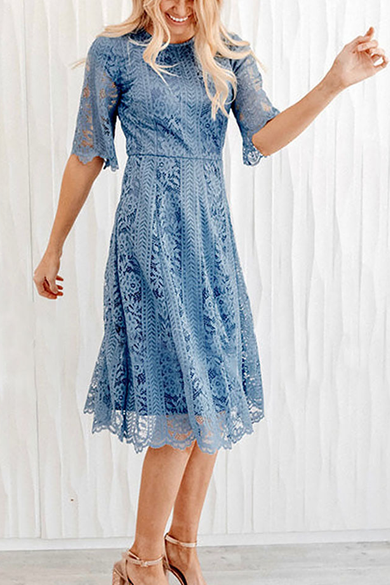 Casual Solid Lace O Neck Cake Skirt Dresses(3 colors) - Fashionpara