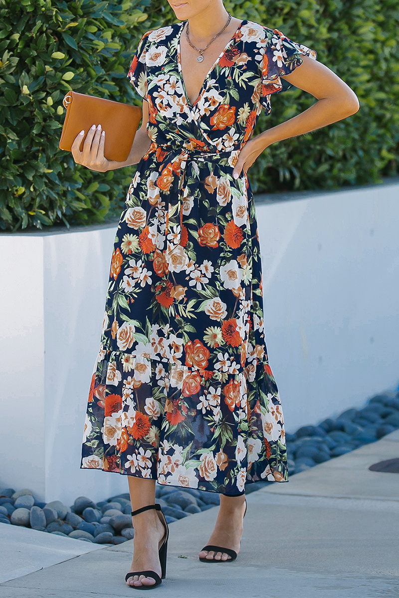 Casual Print Patchwork V Neck Cake Skirt Dresses - Fashionpara