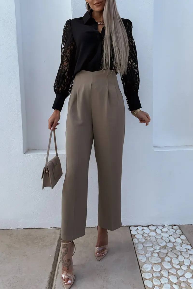 Hollow Lace Turndown Collar Blouse - Fashionpara