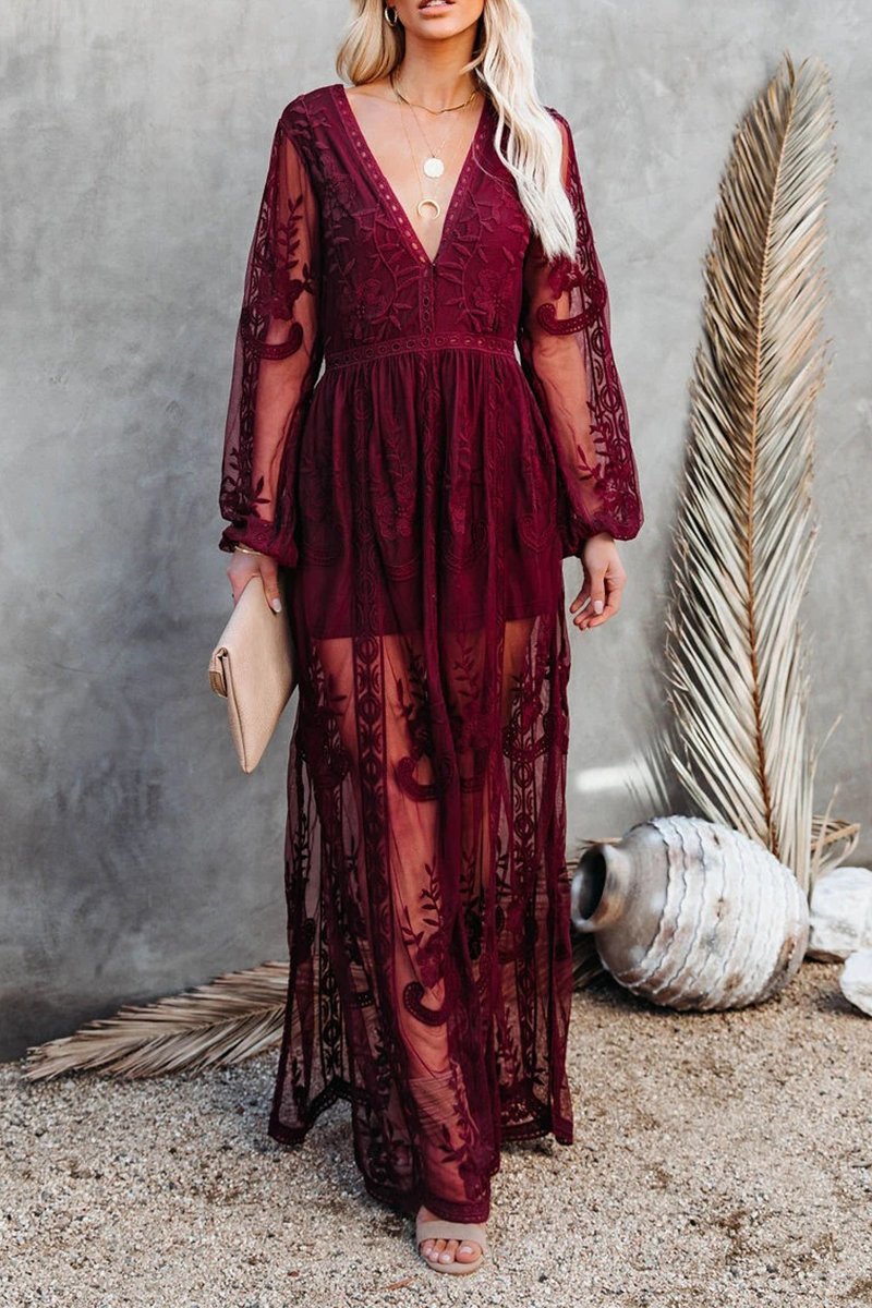 Casual Solid Lace V Neck Lace Dress Dresses(3 Colors) - Fashionpara