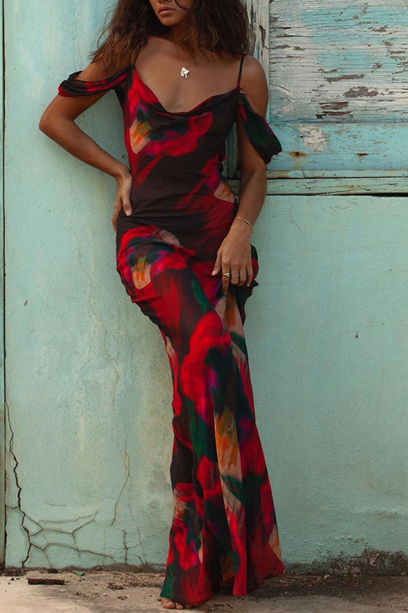 Fashion Print Patchwork Spaghetti Strap Trumpet Mermaid Dresses - Fashionpara