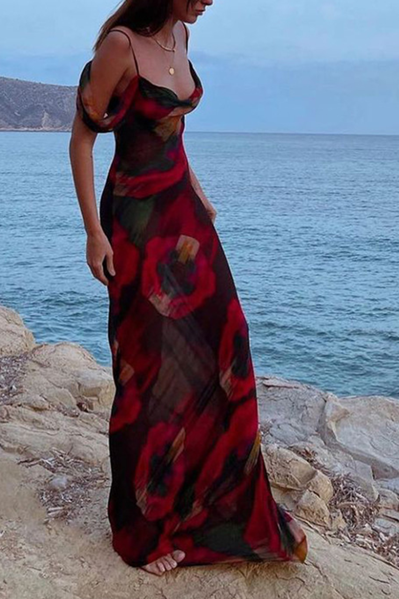 Fashion Print Patchwork Spaghetti Strap Trumpet Mermaid Dresses - Fashionpara
