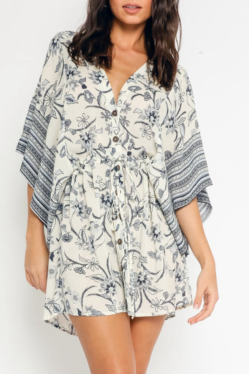 Fashion Print Split Joint V Neck Cake Skirt Dresses - Fashionpara