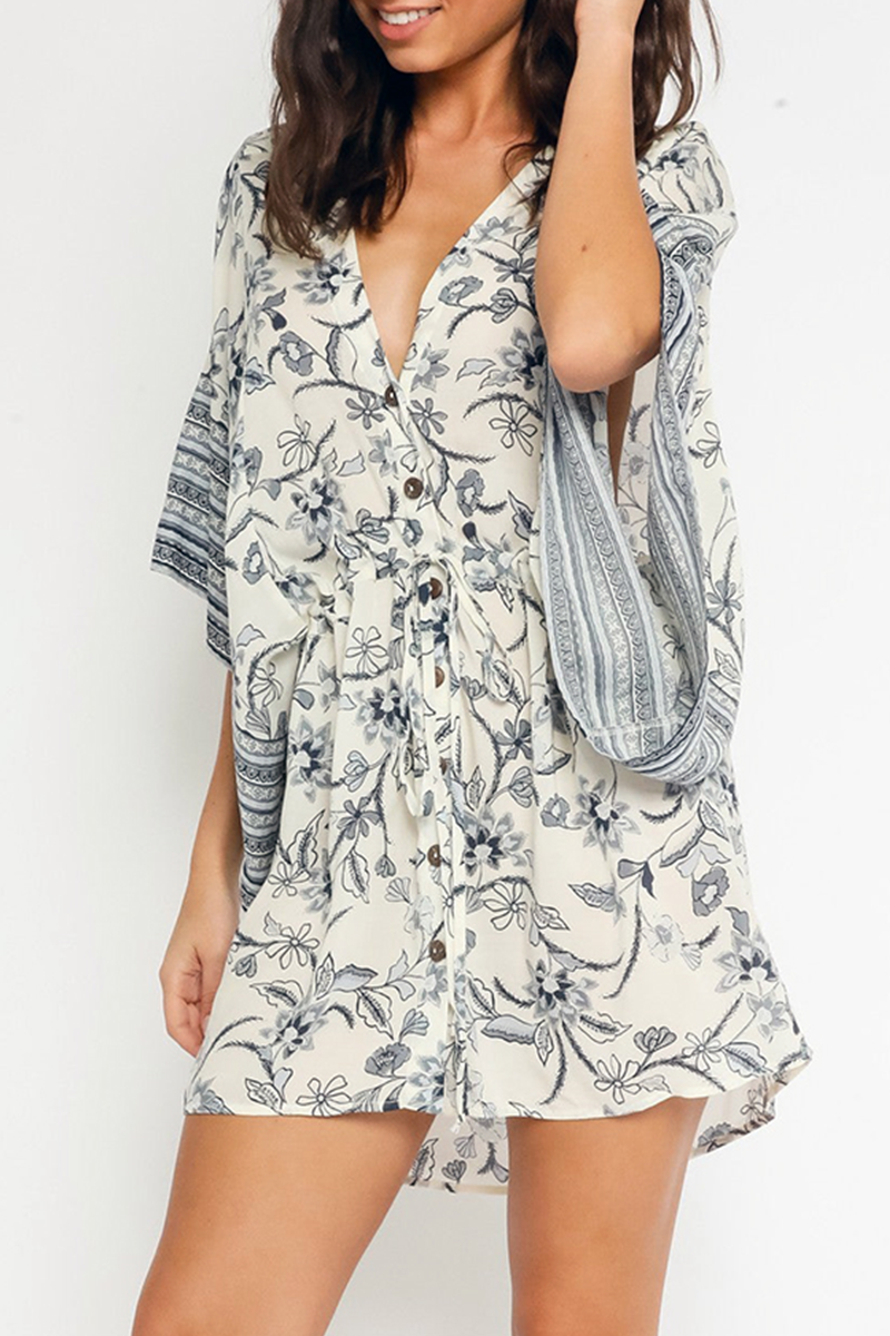 Fashion Print Split Joint V Neck Cake Skirt Dresses - Fashionpara