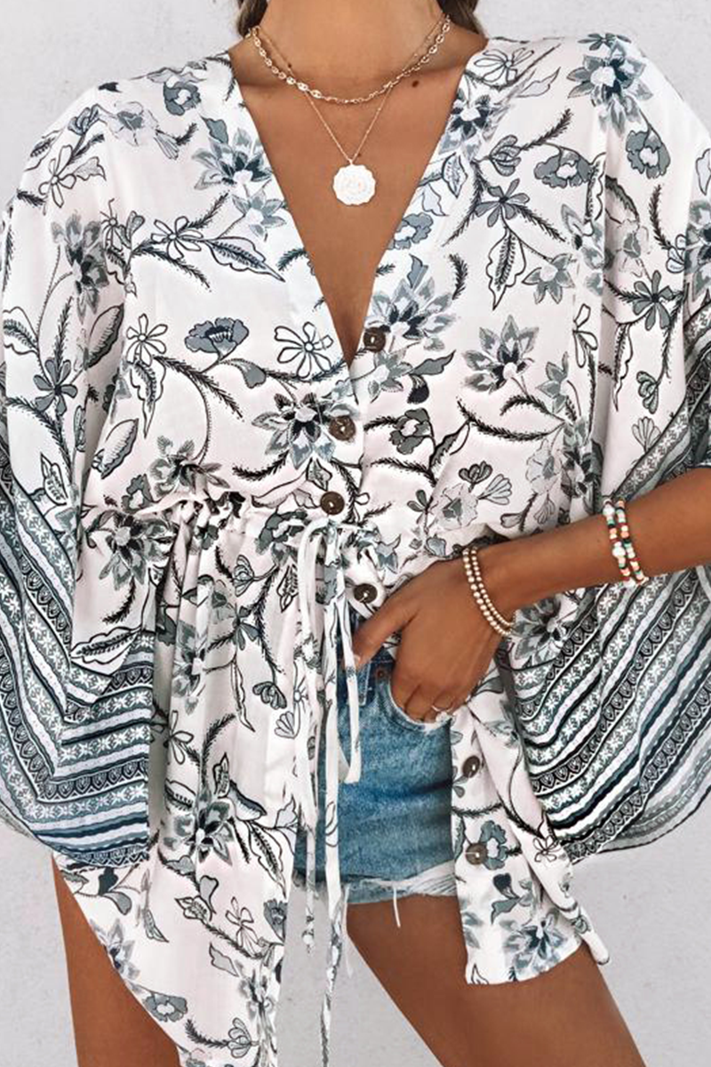 Fashion Print Split Joint V Neck Cake Skirt Dresses - Fashionpara