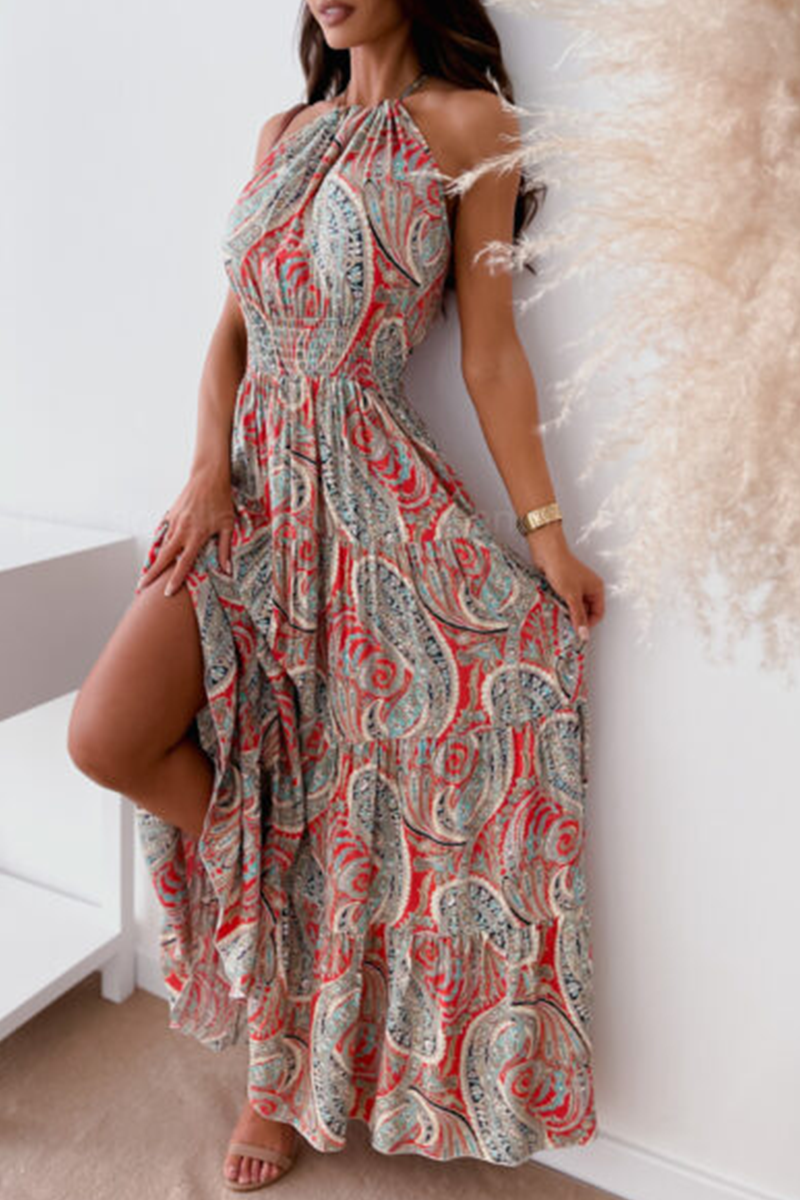 Fashion Print Split Joint Halter Waist Skirt Dresses - Fashionpara