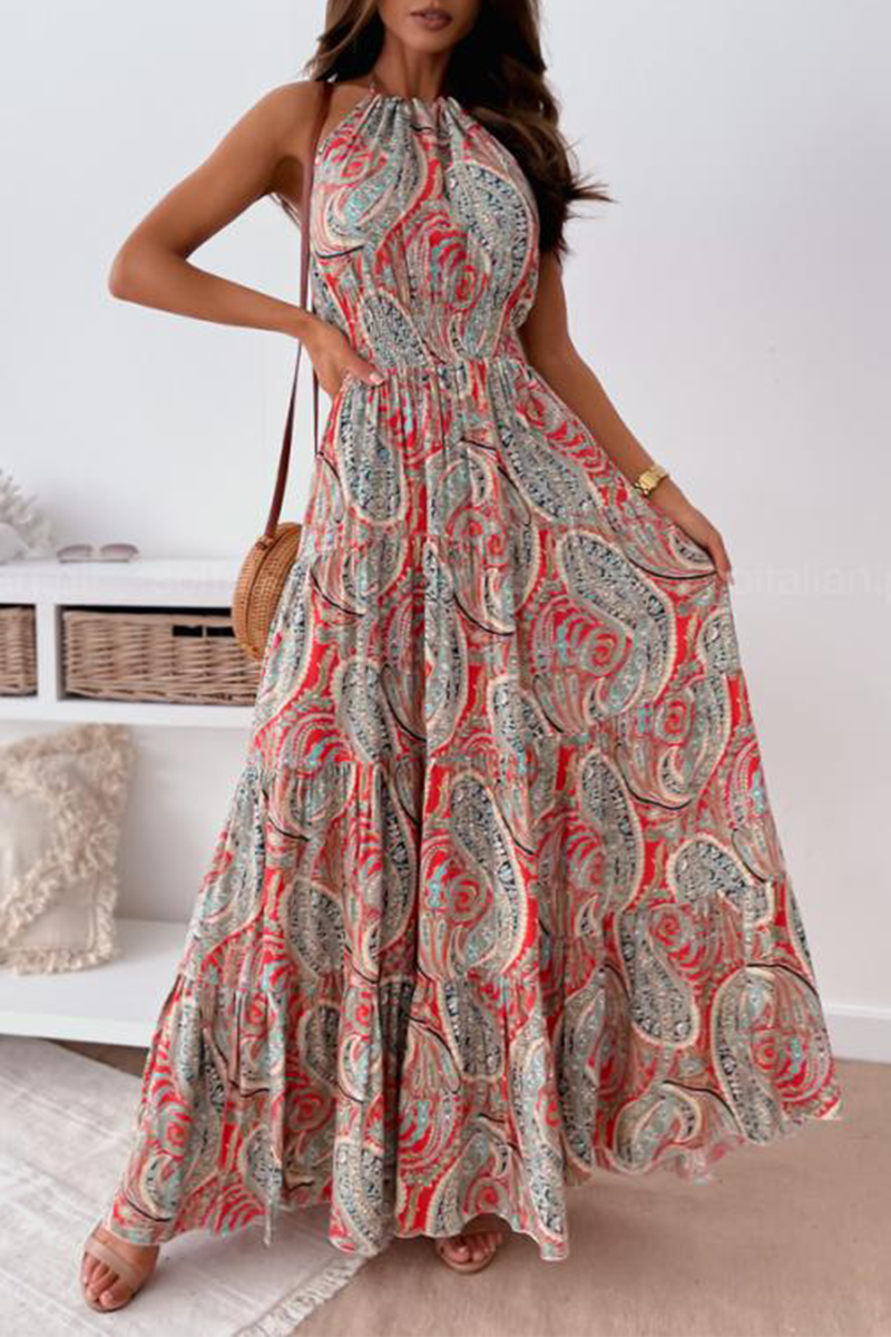 Fashion Print Split Joint Halter Waist Skirt Dresses - Fashionpara