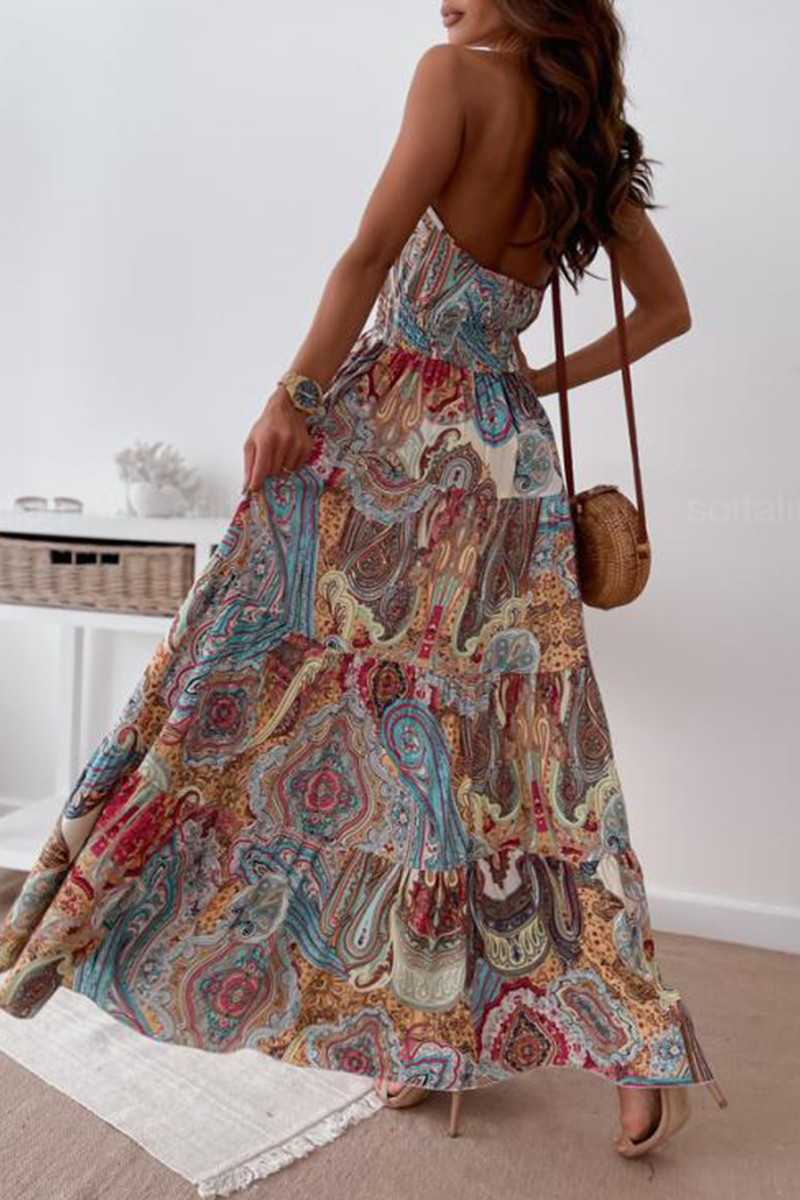 Fashion Print Split Joint Halter Waist Skirt Dresses - Fashionpara