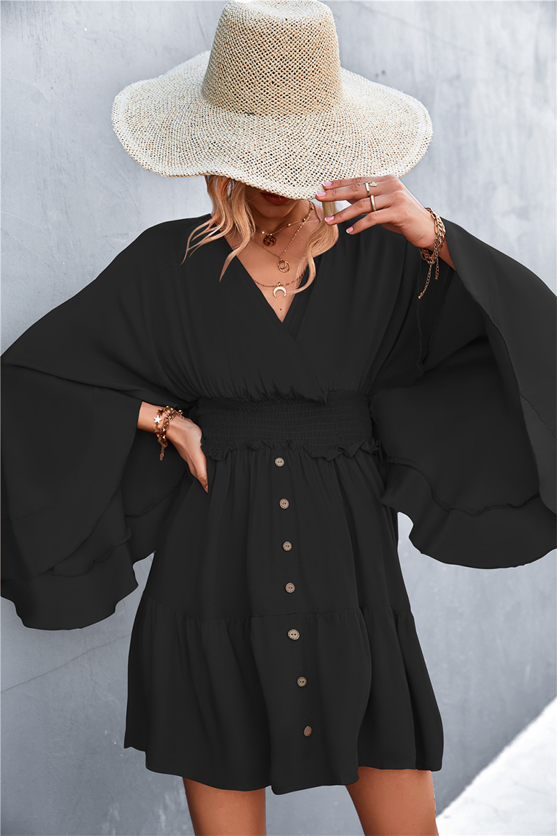 Casual Solid Split Joint V Neck Waist Skirt Dresses(3 colors) - Fashionpara