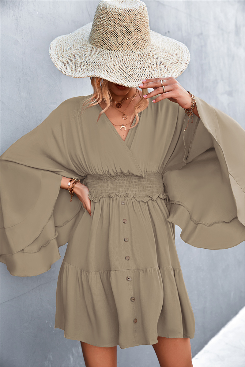 Casual Solid Split Joint V Neck Waist Skirt Dresses(3 colors) - Fashionpara