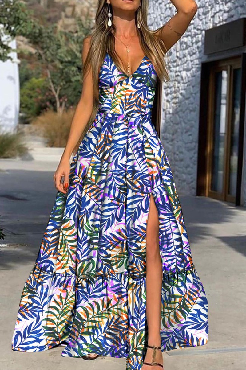 Fashion Print Slit Spaghetti Strap Cake Skirt Dresses - Fashionpara