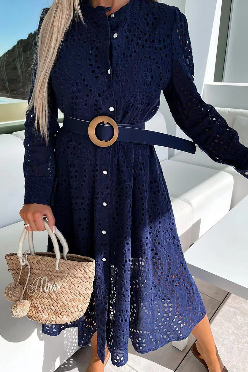 Casual Solid Lace O Neck Shirt Dress Dresses - Fashionpara
