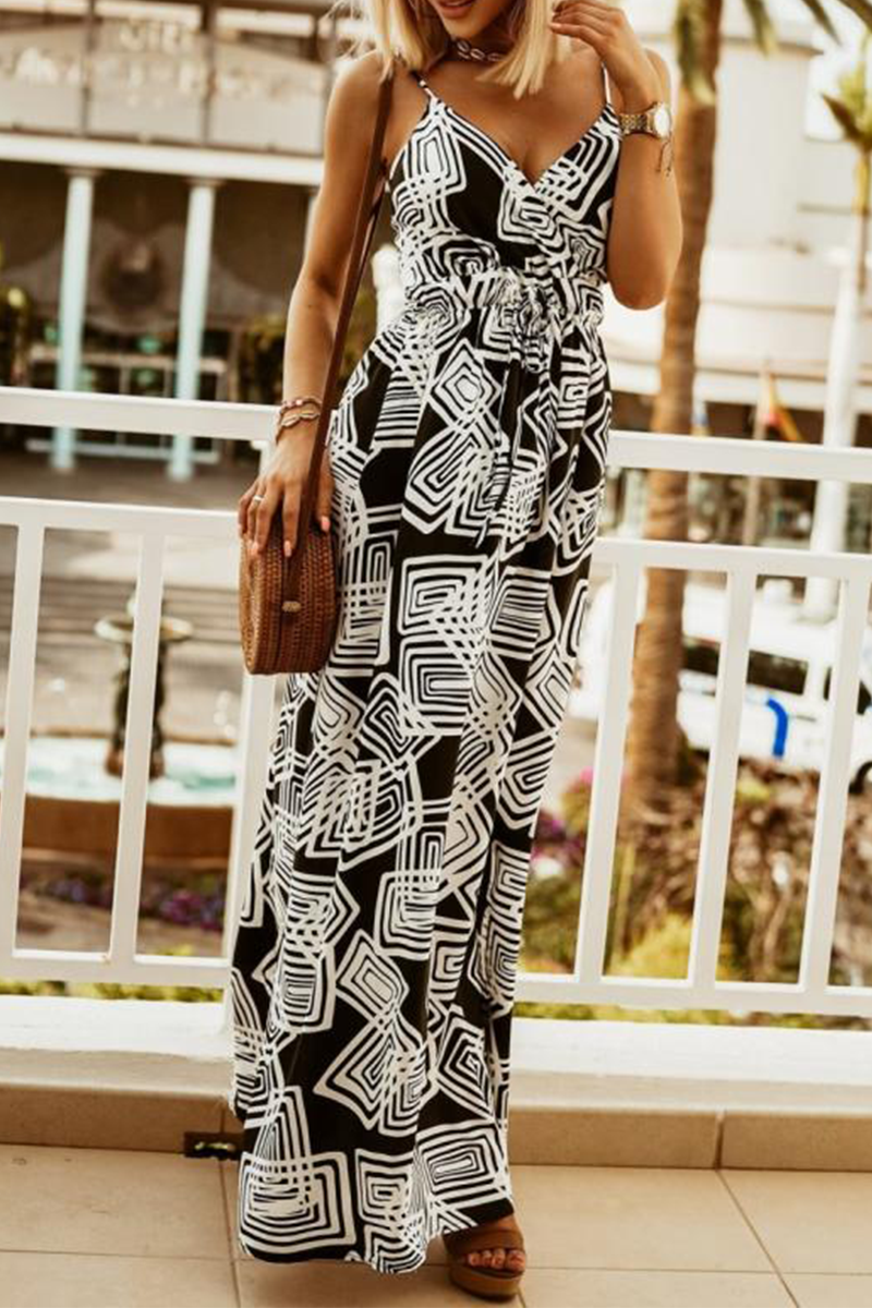 Casual Print Split Joint Spaghetti Strap Waist Skirt Dresses - Fashionpara