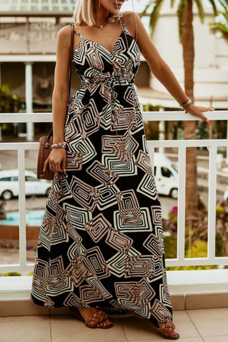 Casual Print Split Joint Spaghetti Strap Waist Skirt Dresses - Fashionpara