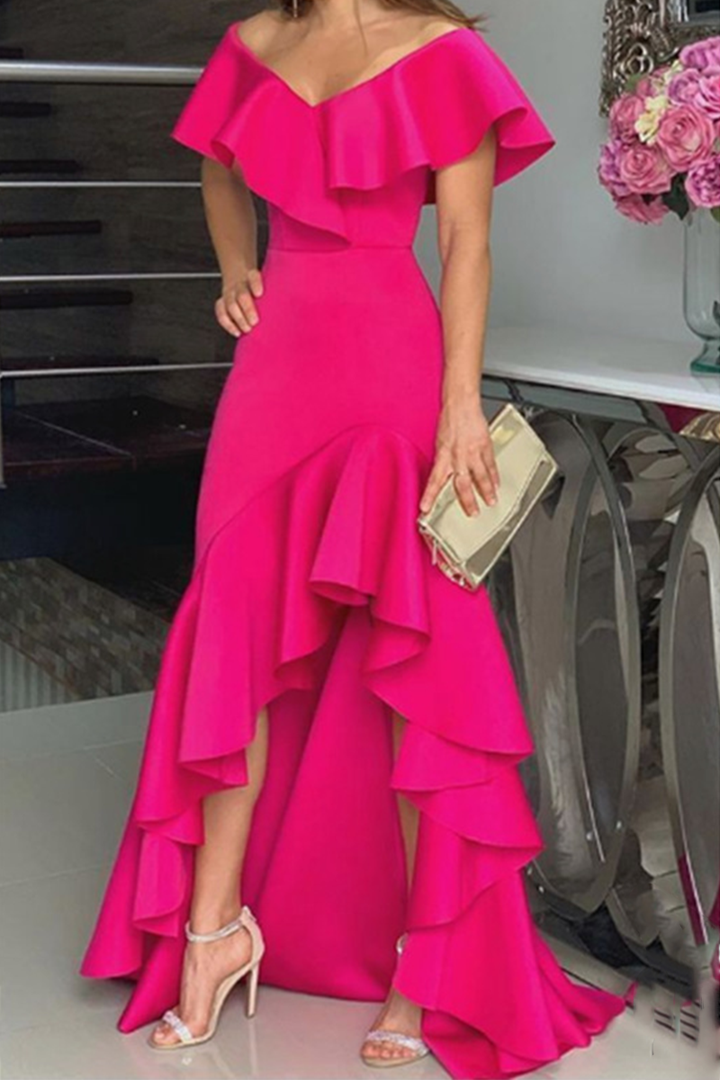 Fashion Solid Flounce Off the Shoulder Irregular Dress Dresses(5 colors) - Fashionpara