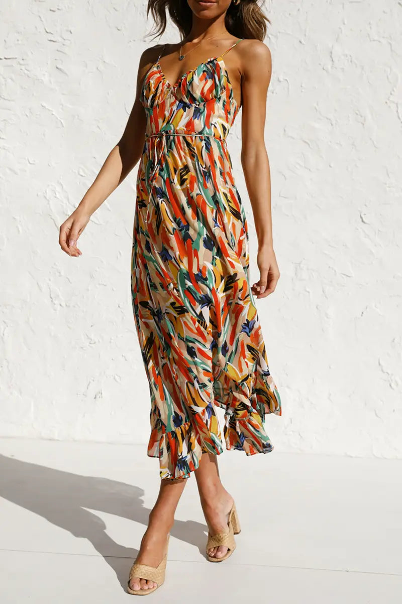 Floral Print Ruffle Hem Slip Dress - Fashionpara