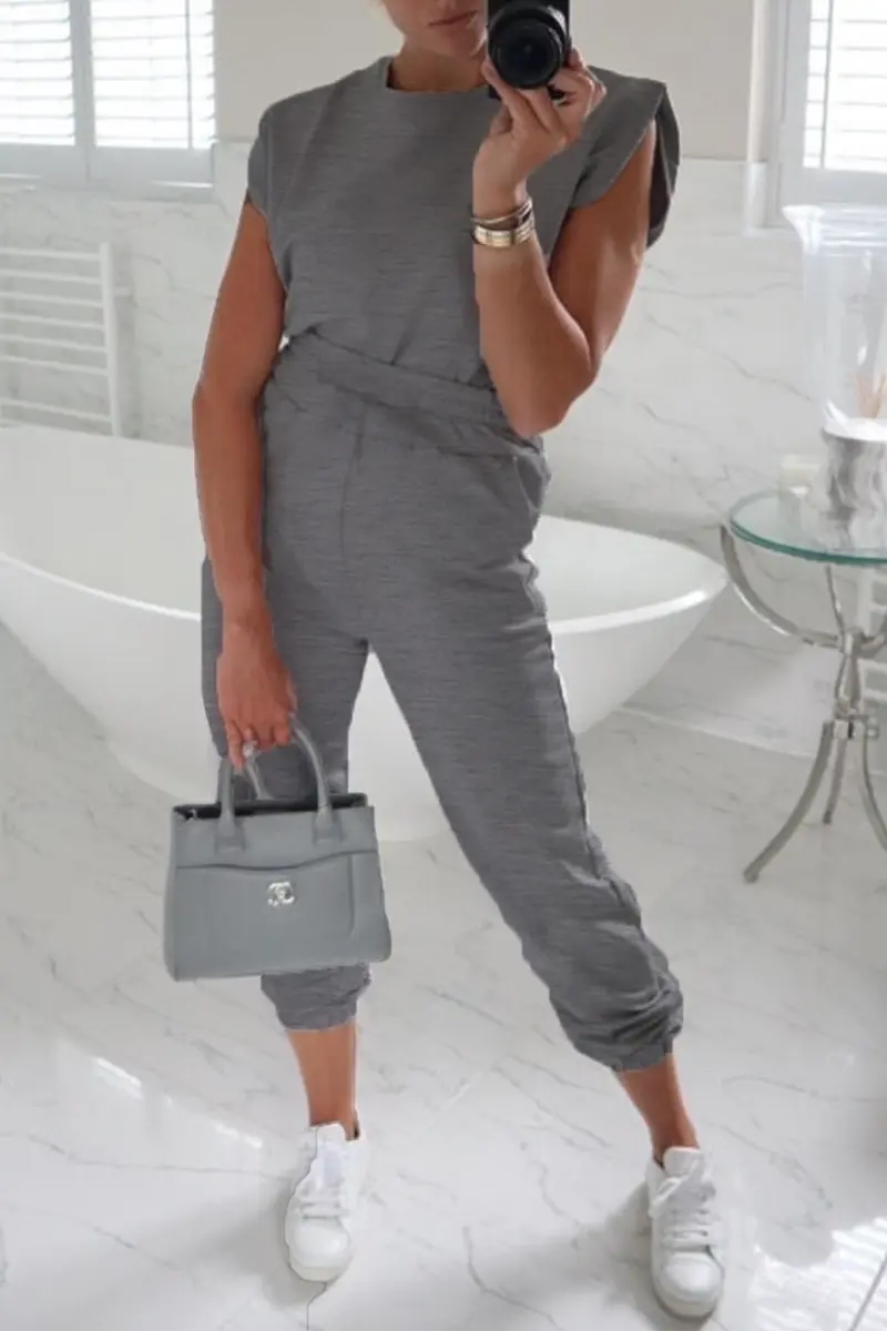 Padded Shoulder T Shirt Pants Set - Fashionpara