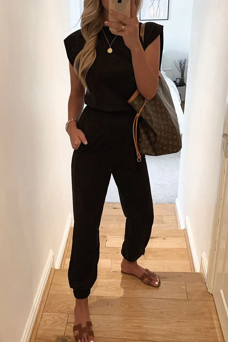 Padded Shoulder T Shirt Pants Set - Fashionpara