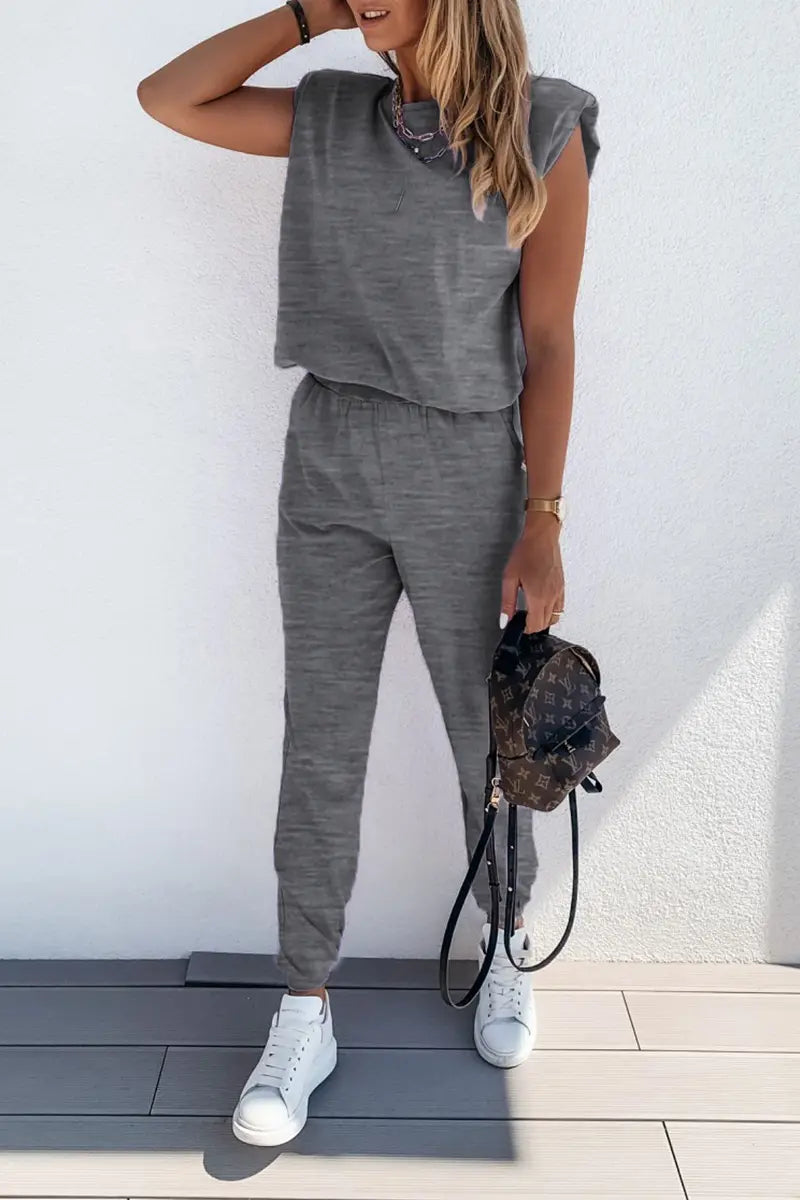 Padded Shoulder T Shirt Pants Set - Fashionpara