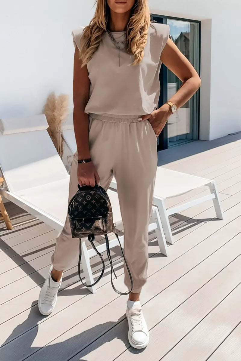 Padded Shoulder T Shirt Pants Set - Fashionpara