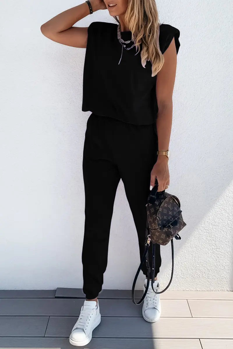 Padded Shoulder T Shirt Pants Set - Fashionpara