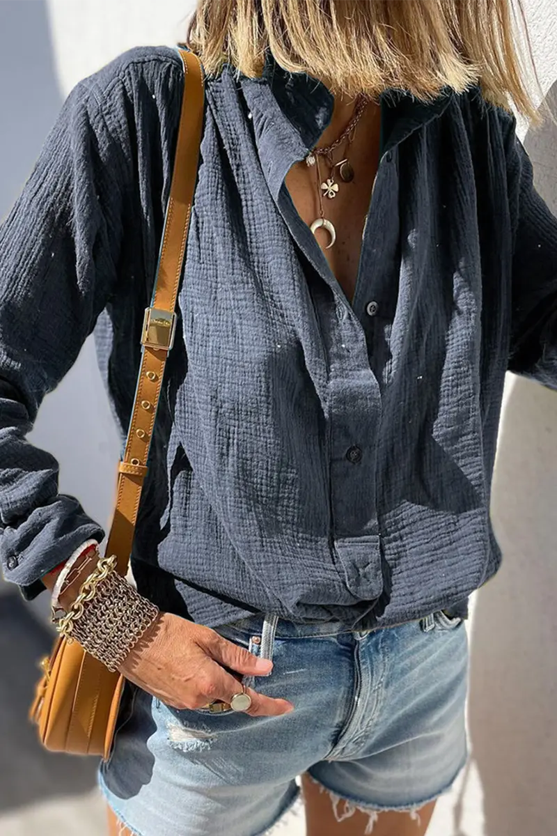 Button Turndown Collar Blouse - Fashionpara