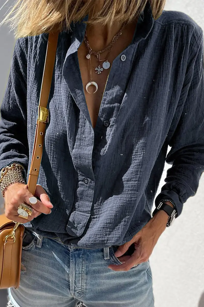 Button Turndown Collar Blouse - Fashionpara