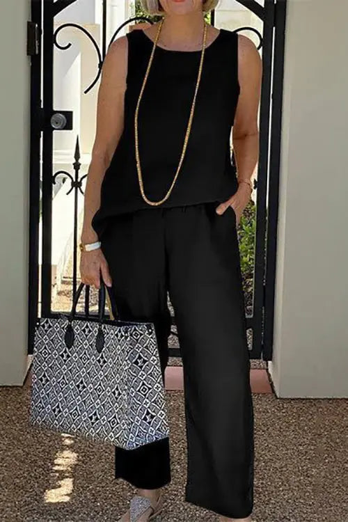 Solid O Neck Tank Pants Set - Fashionpara