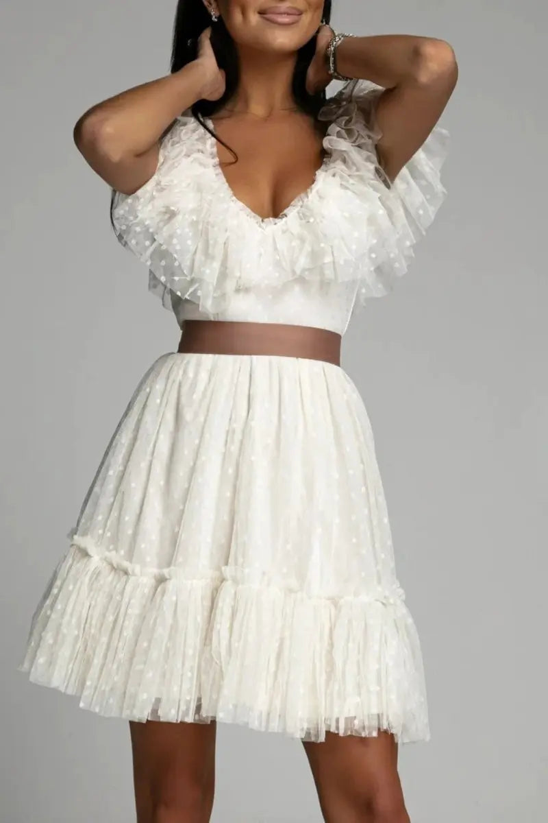 Dot Mesh V Neck Cake Skirt Dresses - Fashionpara