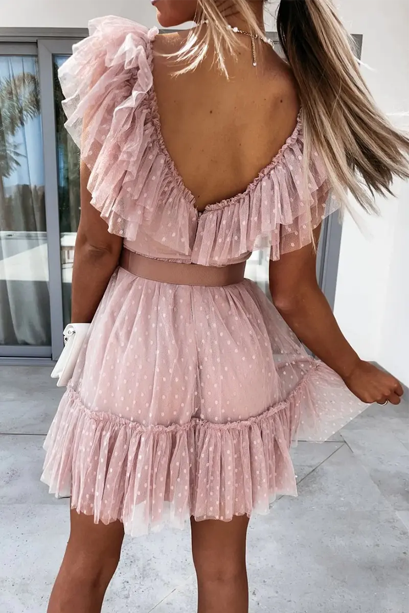 Dot Mesh V Neck Cake Skirt Dresses - Fashionpara