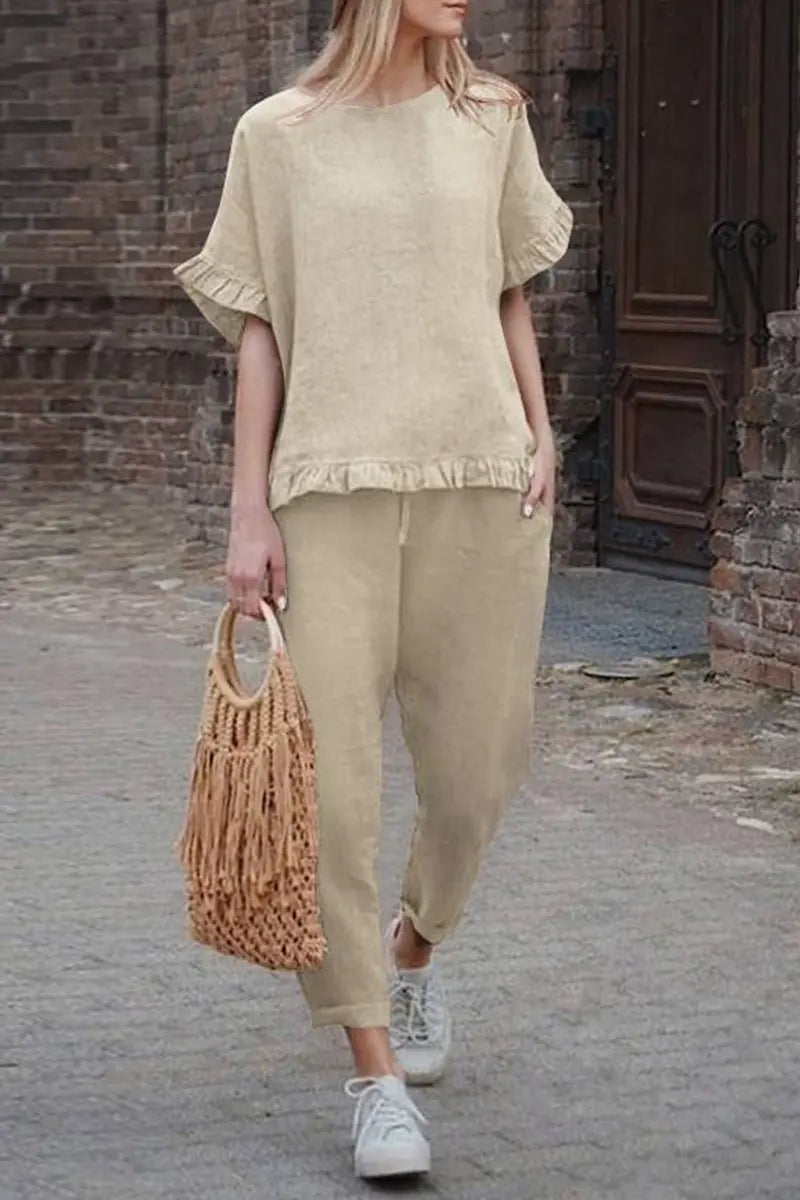 Solid Ruffles Hem Blouse Pants Set - Fashionpara