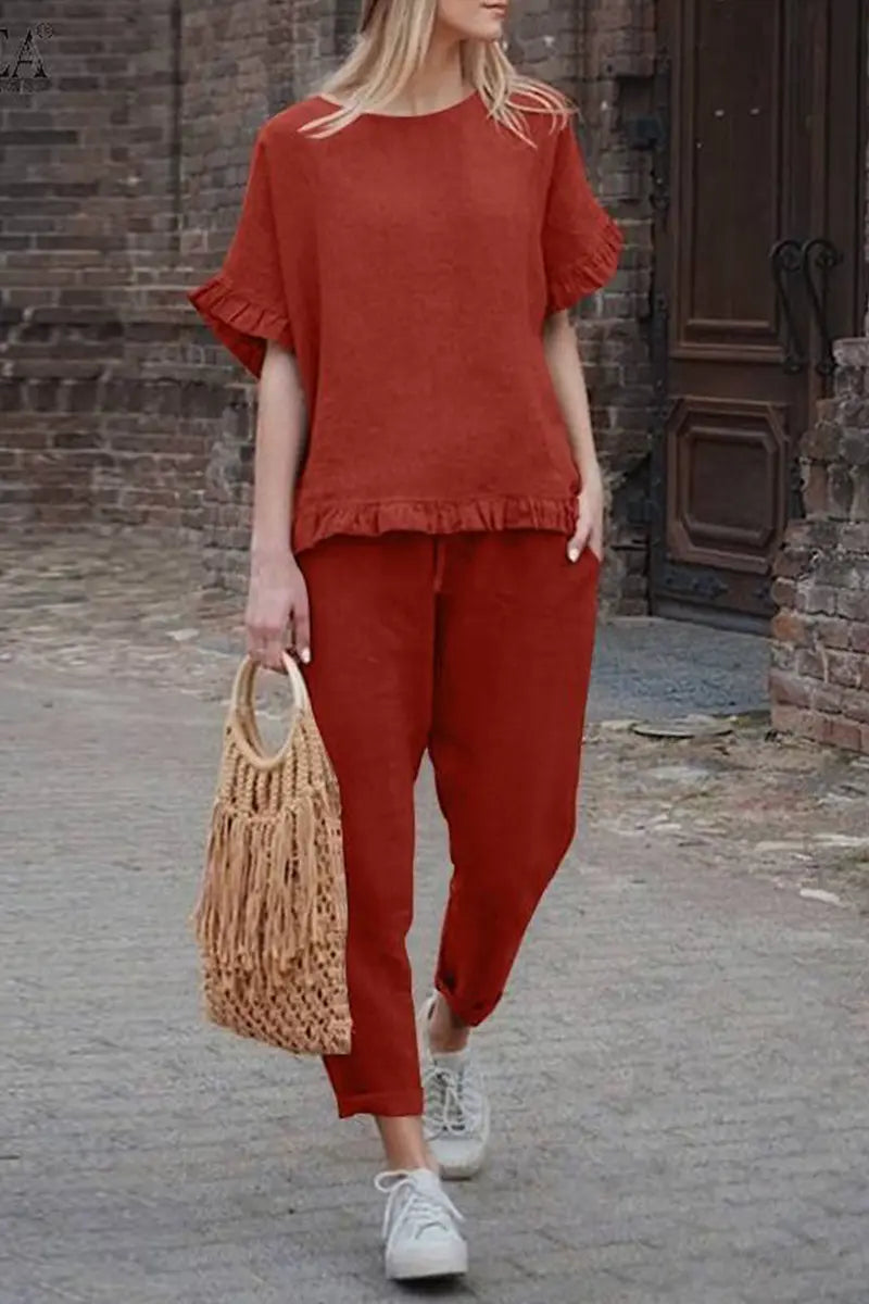 Solid Ruffles Hem Blouse Pants Set - Fashionpara