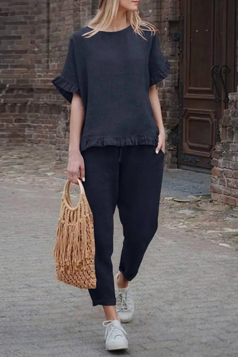 Solid Ruffles Hem Blouse Pants Set - Fashionpara