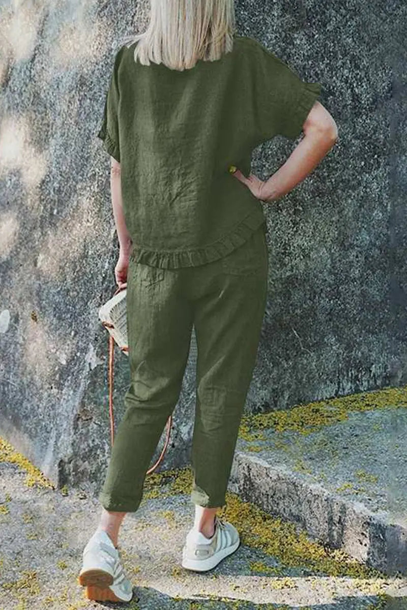 Solid Ruffles Hem Blouse Pants Set - Fashionpara
