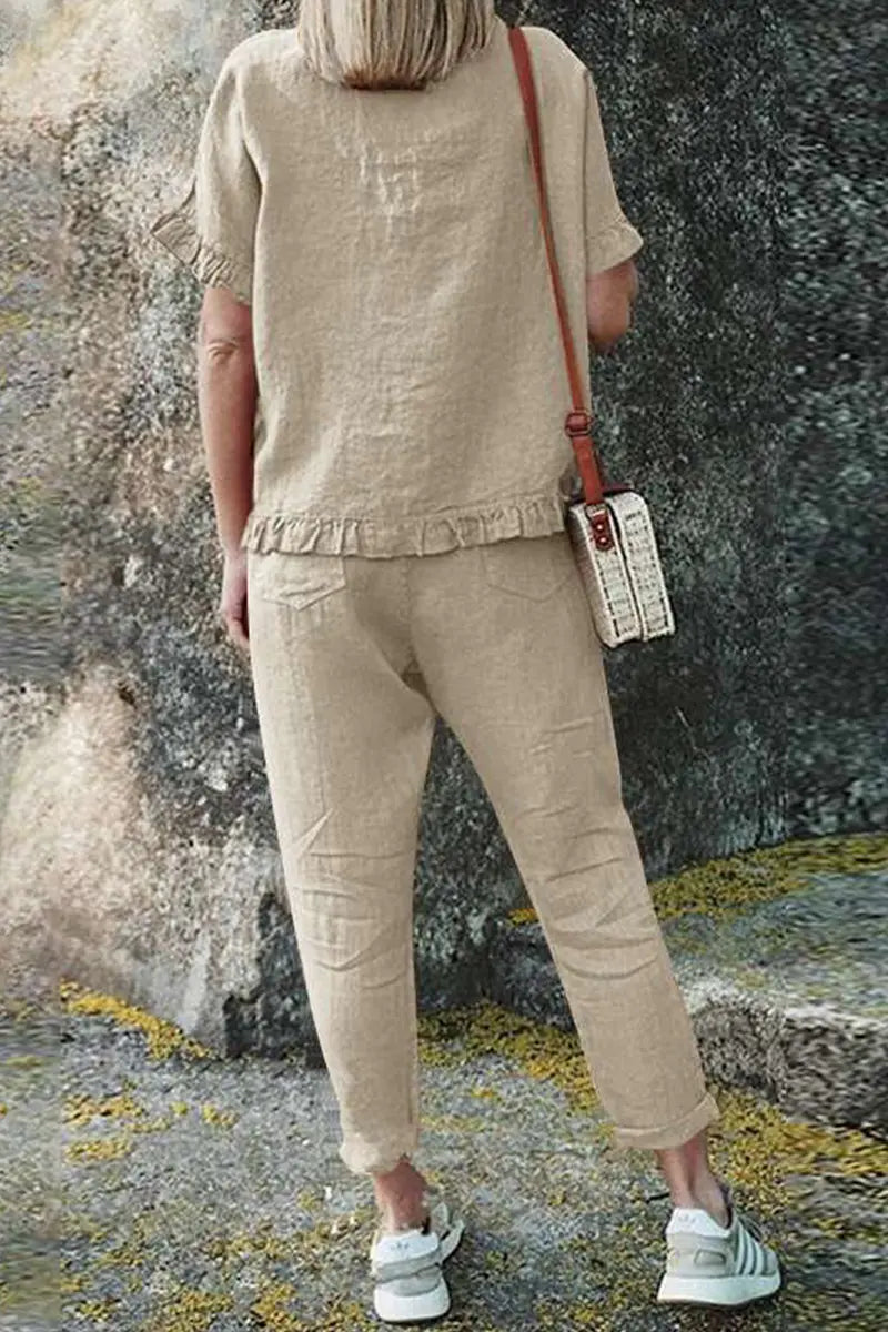 Solid Ruffles Hem Blouse Pants Set - Fashionpara